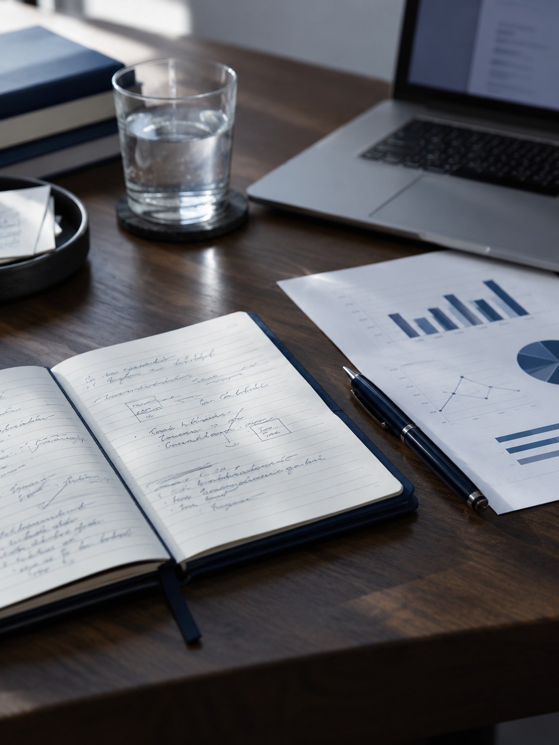 A marketing planning workspace with a laptop, notebook and printed charts in navy and white
